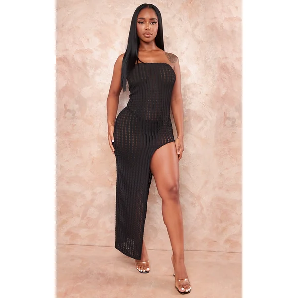 Shape Black Textured Bandeau High Split Midaxi Dress