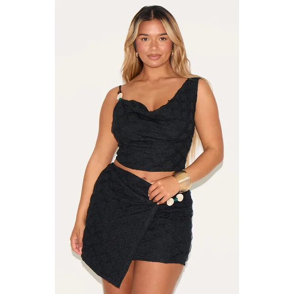 Shape Black Textured Cowl Neck Beaded Strap Crop Top