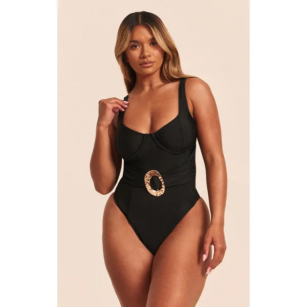 Shape Black Underwired Cup Hammered Gold Trim Belted Swimsuit
