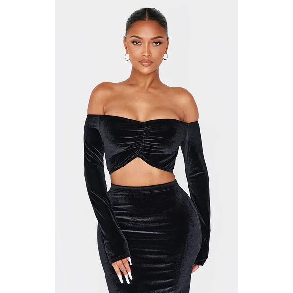 Shape Black Velour Bardot Ruched Sleeve Crop Top