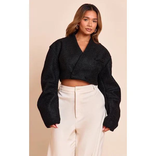 Shape Black Wool Look Wrap Over Cocoon Sleeve Cropped Jacket