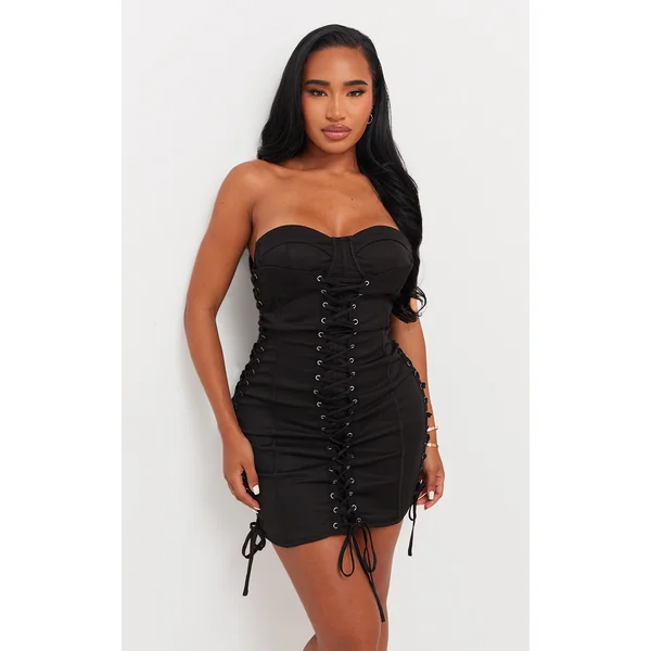 Shape Black Woven Lace Up Corset Bandeau Bodycon Dress