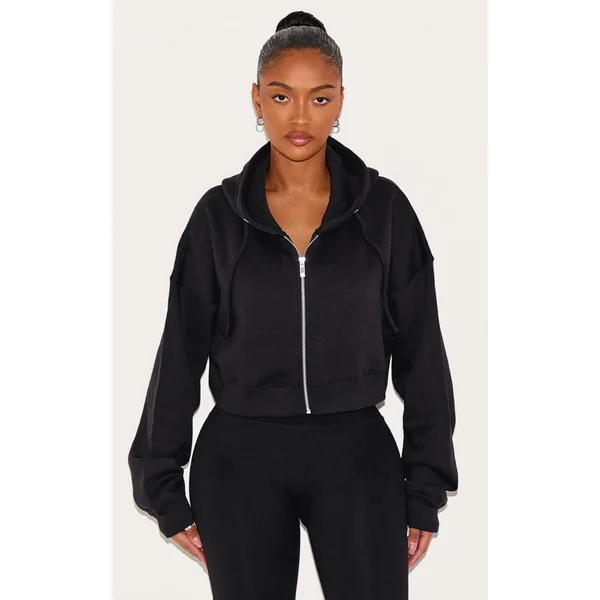 Shape Black Zip Front Long Sleeve Cropped Hoodie