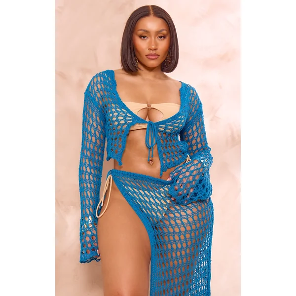 Shape Bright Blue Knit Tie Front Long Sleeve Top