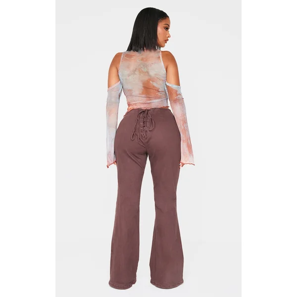 Shape Brown Denim Lace Up Back Flare Jeans