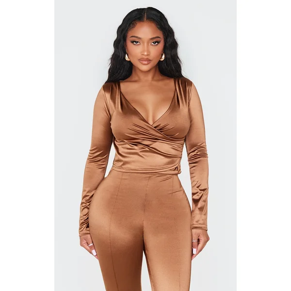 Shape Brown Disco Sculpt Wrap Over Long Sleeve Top