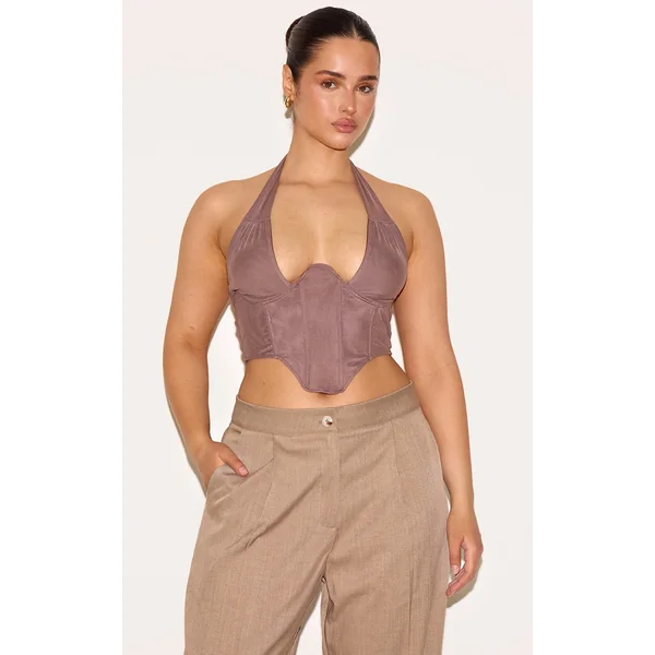 Shape Brown Double Layered Mesh Tie Neck Corset Top