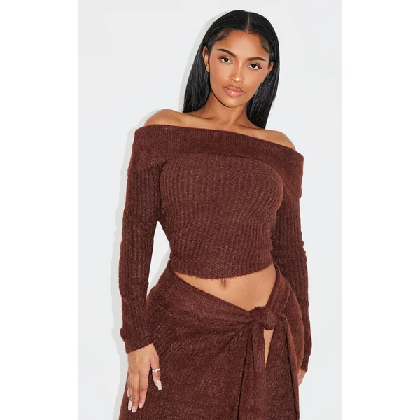 Shape Brown Fold Over Rib Knit Top