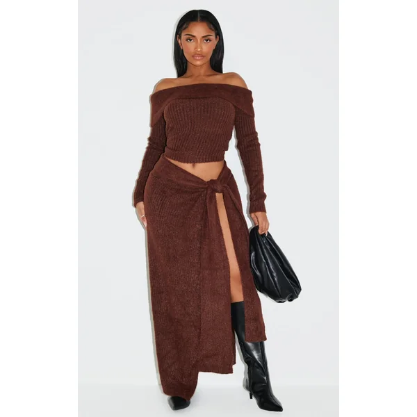 Shape Brown Knot Rib Knit Maxi Skirt