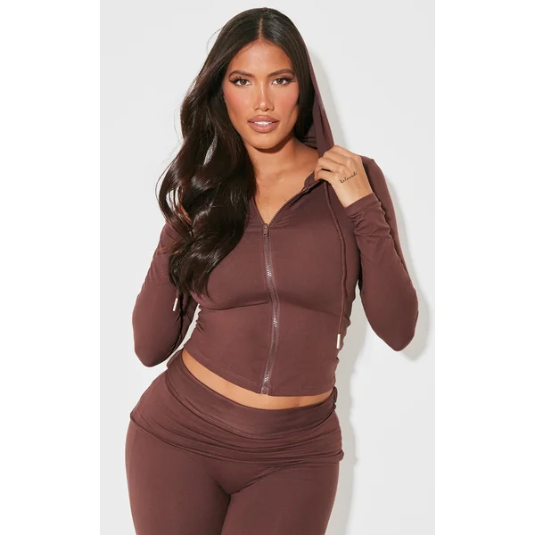 Shape Brown Stretch Sculpted Zip Through Hoodie