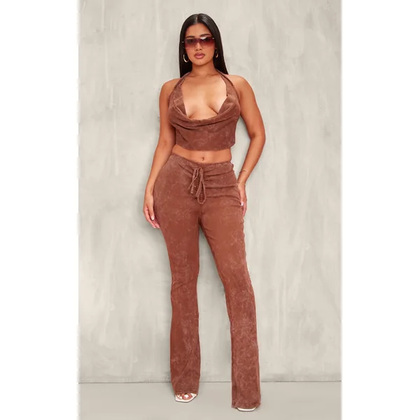 Shape Brown Washed Ribbed Ruched Front Flare Pants