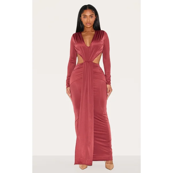 Shape Burgundy Deep Plunge Open Back Maxi Dress