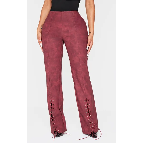 Shape Burgundy Faux Leather Lace Up Flare Pants