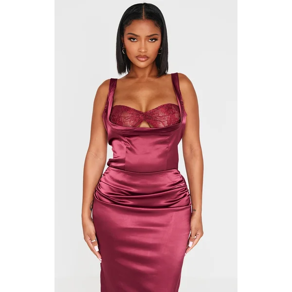 Shape Burgundy Lace Insert Cowl Neck Satin Corset Top