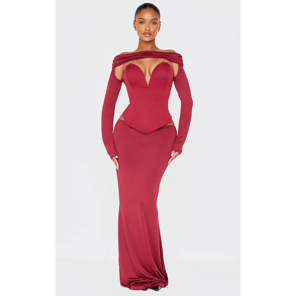 Shape Burgundy Low Rise Fishtail Maxi Skirt