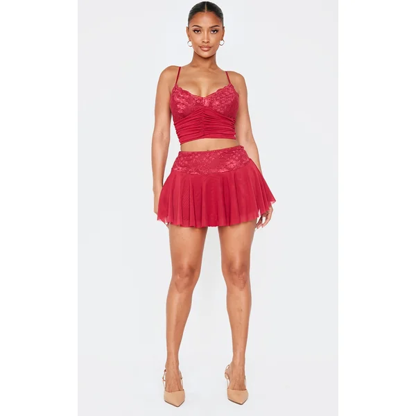 Shape Burgundy Low Rise Lace Insert Flippy Mini Skirt