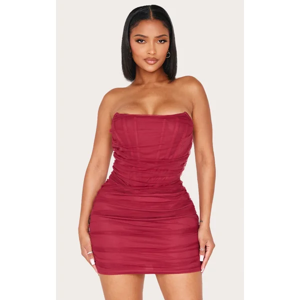 Shape Burgundy Mesh Corseted Detail Ruched Bodycon Dress