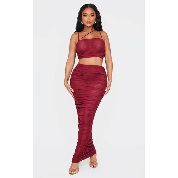 Shape Burgundy Mesh Low Rise Ruched Maxi Skirt