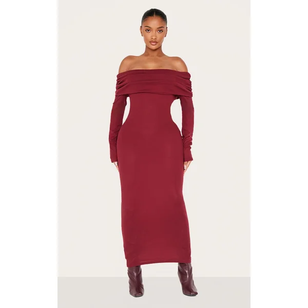 Shape Burgundy Rib Bardot Long Sleeve Maxi Dress