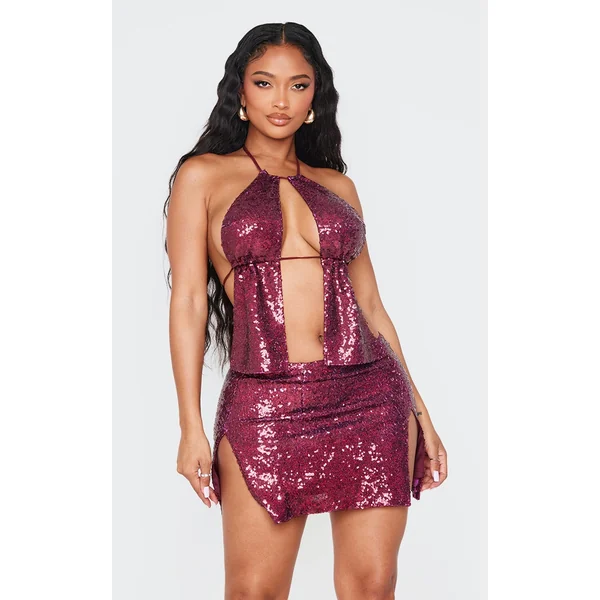Shape Burgundy Sequin Halter Neck Split Front Top