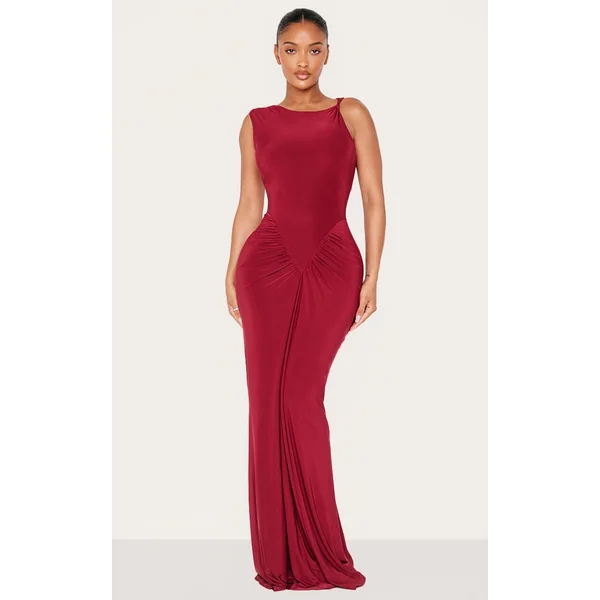 Shape Burgundy Sleeveless Ruched V Waist Maxi Dress