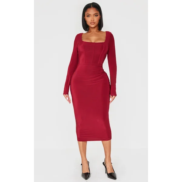Shape Burgundy Slinky Panelled Long Sleeve Midi Dress
