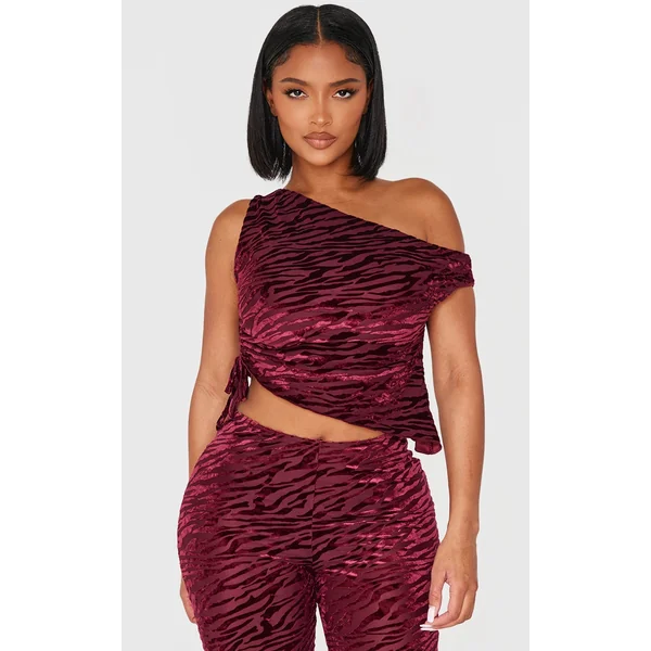 Shape Burgundy Zebra Devore Asymmetric Off Shoulder Top
