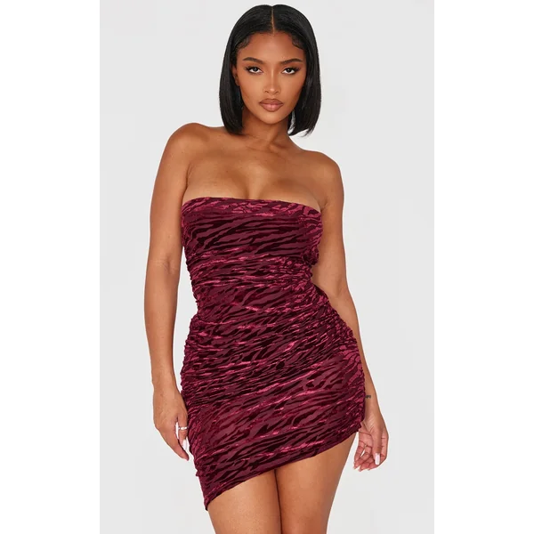 Shape Burgundy Zebra Devore Bandeau Ruched Side Mini Dress
