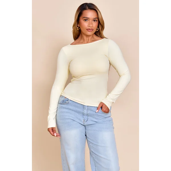 Shape Butter Cream Built In Bra Sculpt Boat Neck Long Sleeve Top