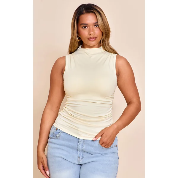 Shape Butter Cream Built In Bra Sculpt Boat Neck Ruched Side Top