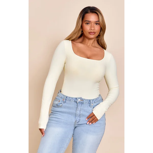 Shape Butter Cream Built In Bra Sculpt Square Neck Long Sleeve Bodysuit