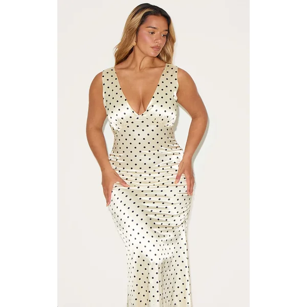 Shape Butter Cream Satin Polka Dot Plunge Front Maxi Dress