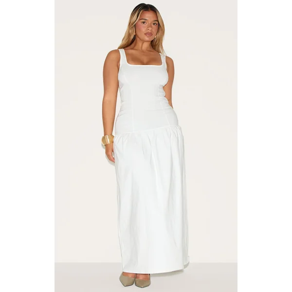 Shape Butter Cream Stretch Woven Square Neck Dropped Hem Maxi Shift Dress