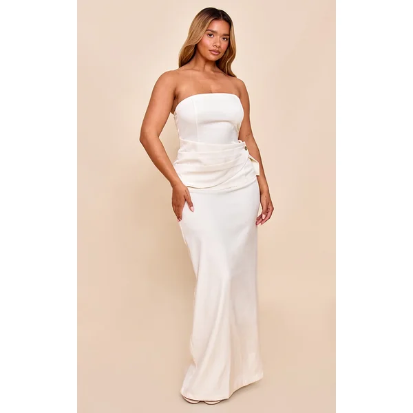 Shape Butter Cream Tailored Bandeau Wrap Over Gold Trim Maxi Dress