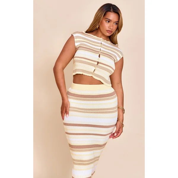 Shape Butter Yellow Knitted Stripped Button Front Boat Neck Top