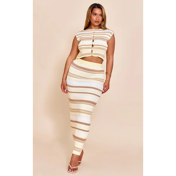 Shape Butter Yellow Knitted Stripped Maxi Skirt