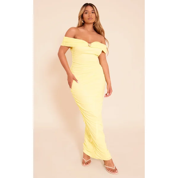 Shape Butter Yellow Mesh Bardot Gold Trim Ruched Maxi Dress