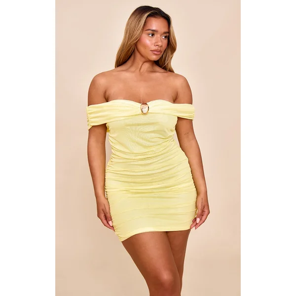 Shape Butter Yellow Mesh Bardot Gold Trim Ruched Mini Dress