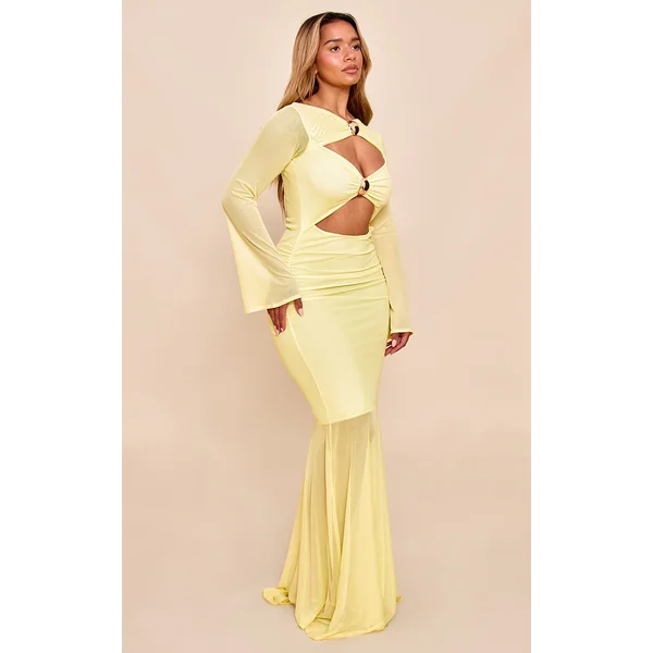 Shape Butter Yellow Mesh Gold Trim Cut Out Dropped Hem Maxi Dress