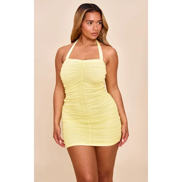Shape Butter Yellow Mesh Ruched Halterneck Mini Dress