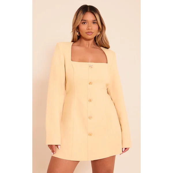 Shape Butter Yellow Tailored Square Neck Hammered Button Mini Dress