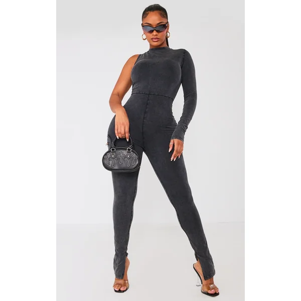Shape Charcoal Cotton One Shoulder Zip Detail Jumpsuit