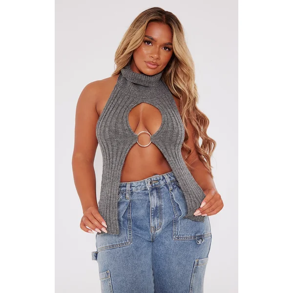 Shape Charcoal Grey Knit Cut Out Ring Detail Crop Top