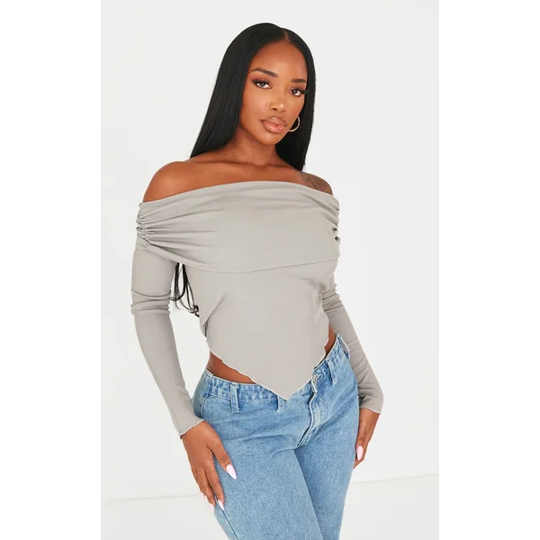 Shape Charcoal Rib Bardot Ruched Side Longline Top