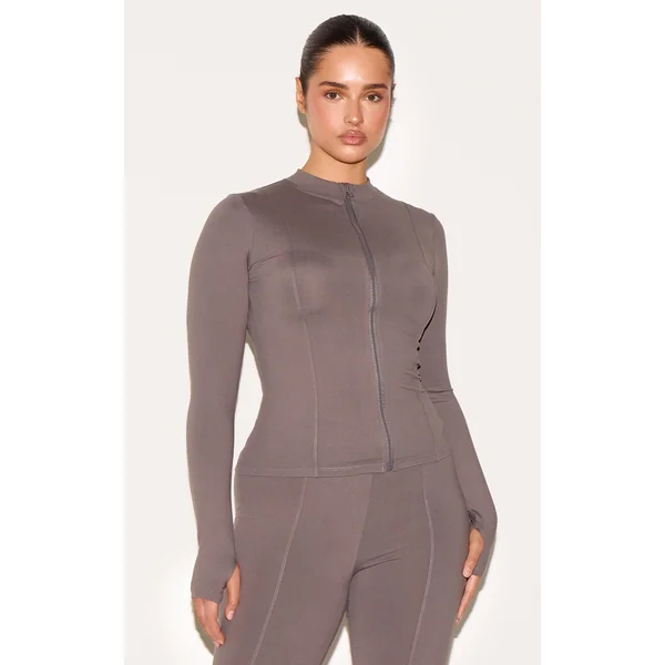 Shape Charcoal Sculpt Zip Front Long Sleeve Top