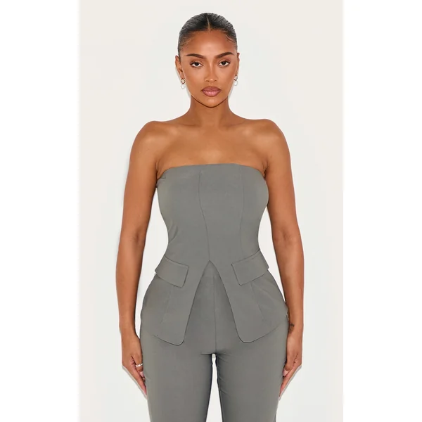 Shape Charcoal Stretch Woven Bandeau Split Front Top