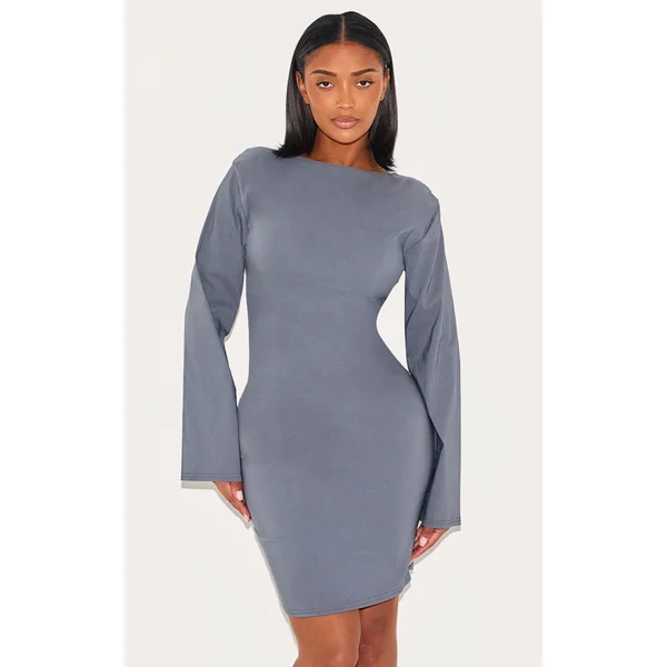 Shape Charcoal Stretch Woven Boat Neck Ruched Waist Mini Dress