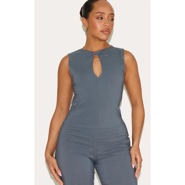Shape Charcoal Stretch Woven Twist Neck Keyhole Top
