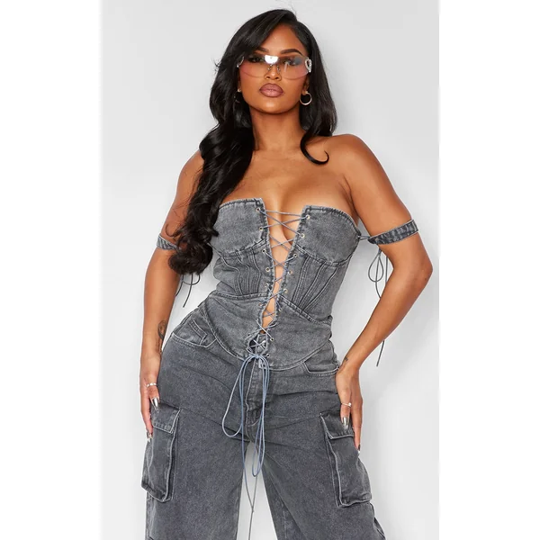 Shape Charcoal Wash Denim Lace Up Front Corset
