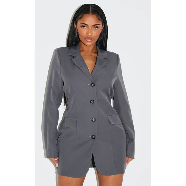 Shape Charcoal Woven Conched Adjustable Waist Blazer Dress